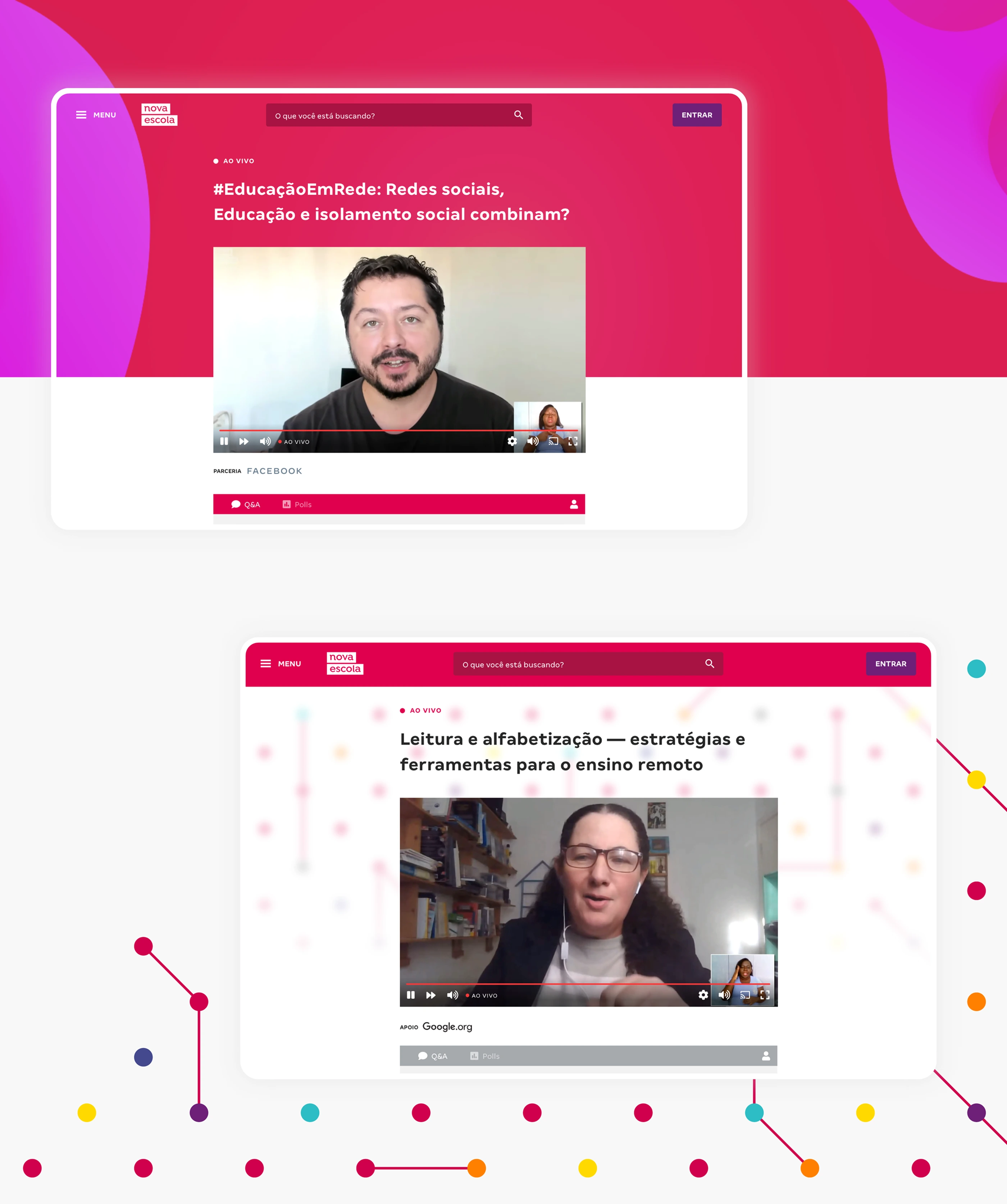 Live broadcast pages for Educação em Rede and Conexão Educativa